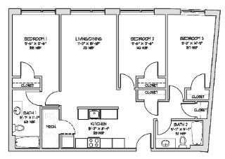 Floor plan for 3 beds, 2 baths, 1199 sqft